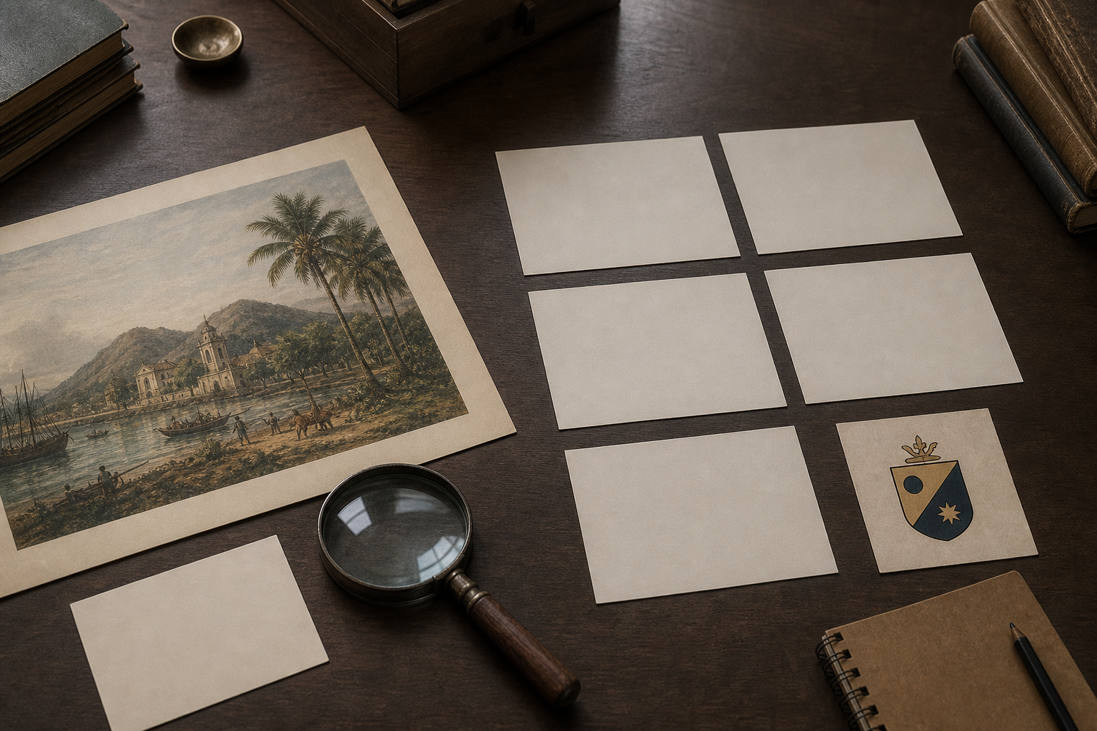 Composição editorial sem texto legível com detalhe não identificável de uma obra brasileira, ficha, lupa e cartões de análise sobre uma mesa de estudo.