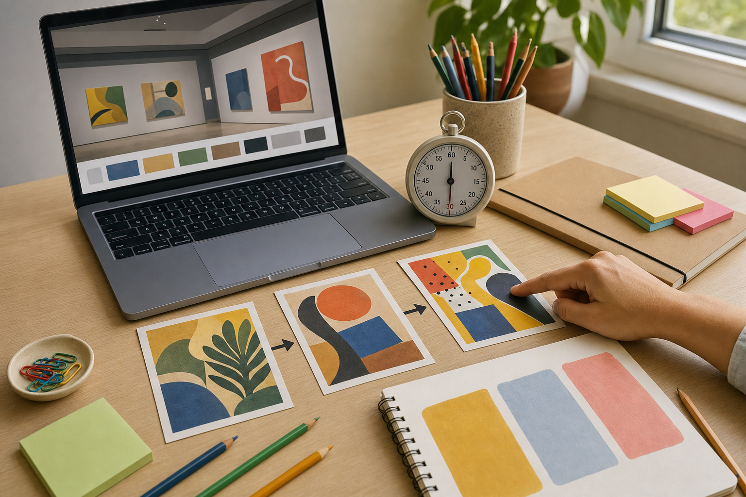 Mesa de educador com notebook aberto em uma galeria virtual, três cartões de obras organizados em sequência e um cronômetro de 30 minutos.