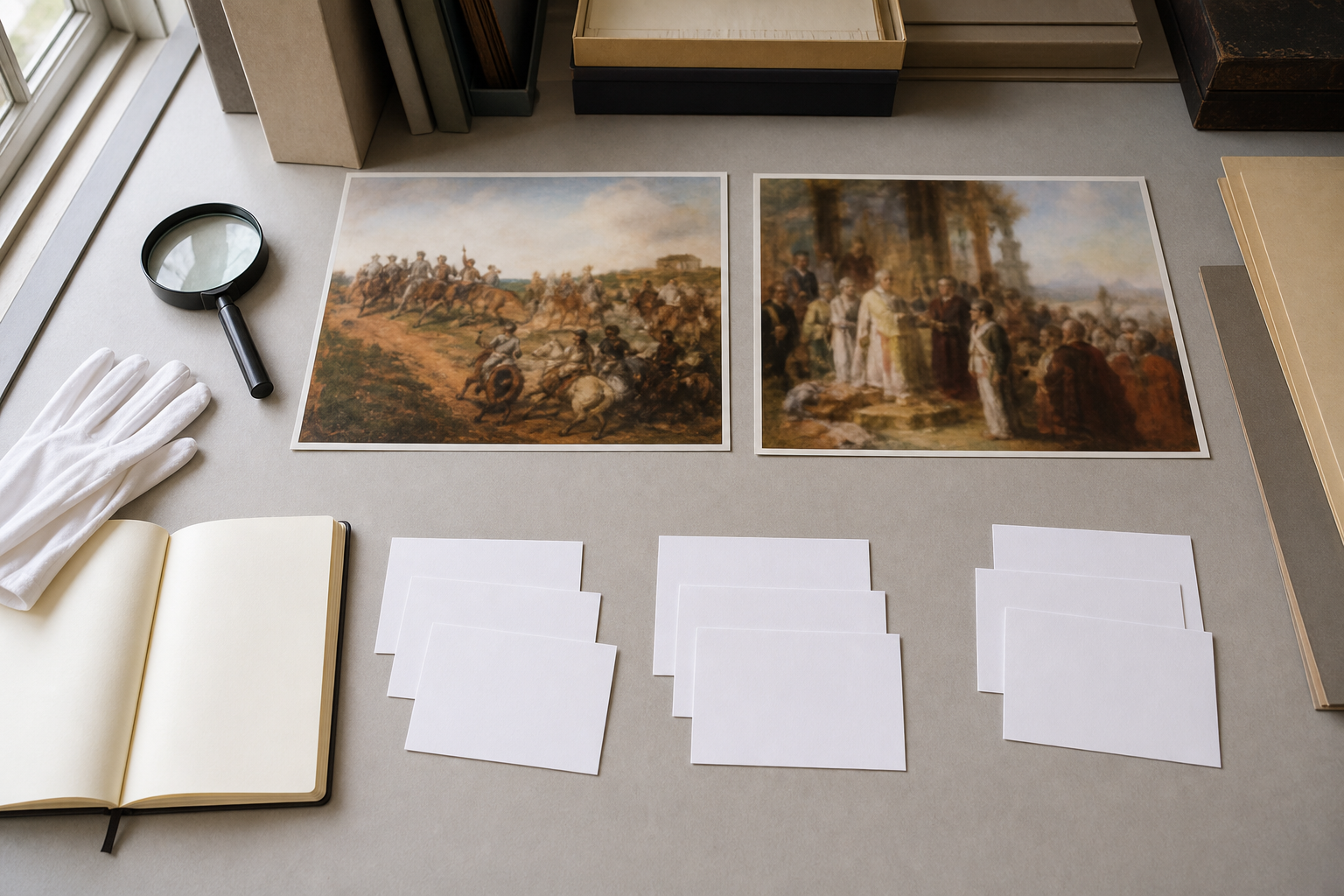 Mesa de estudo com duas reproduções genéricas de pinturas históricas lado a lado, lupa, caderno e cartões em branco organizados em três grupos de análise.