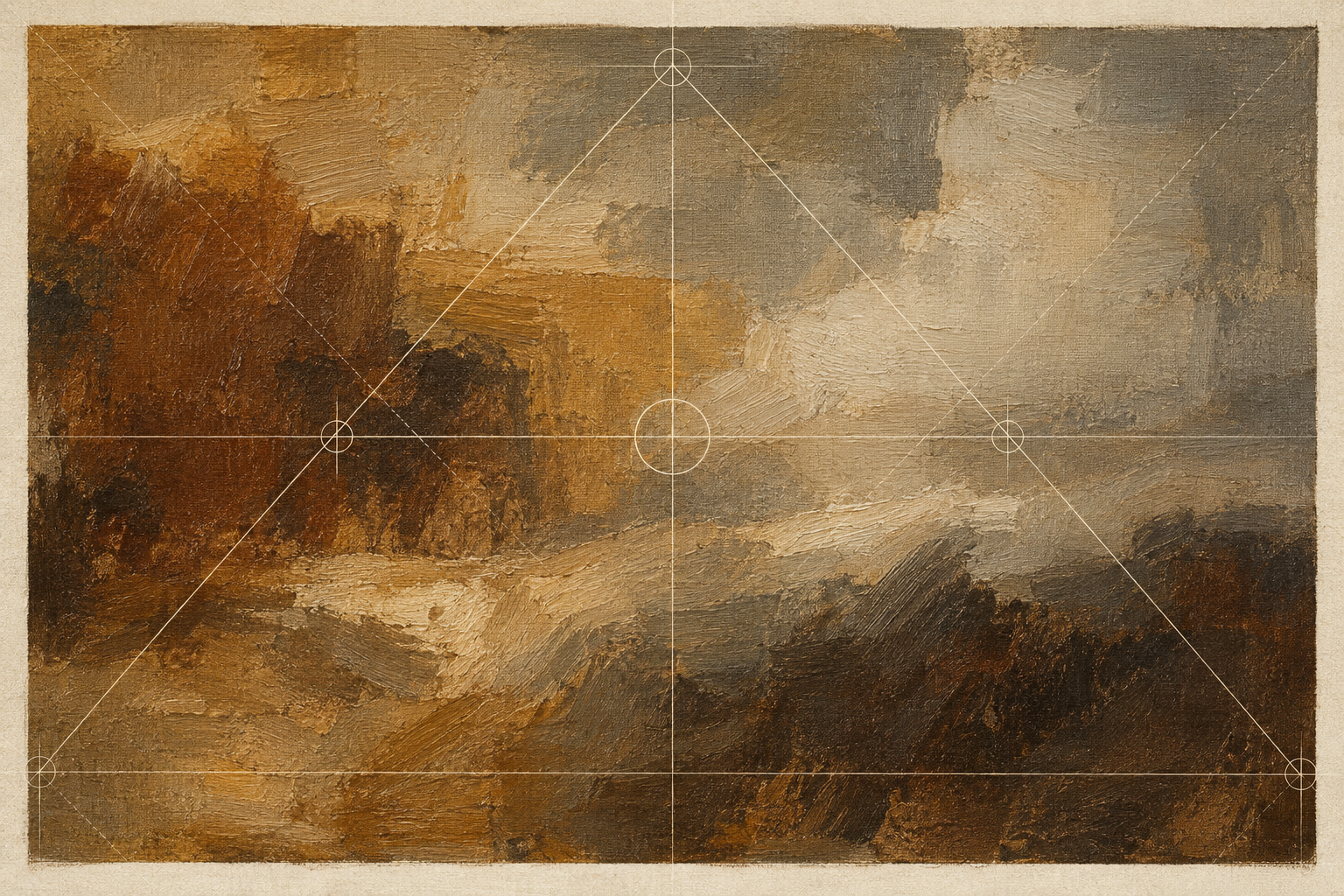 Superfície pictórica abstrata com linhas-guia geométricas para explicar a leitura de uma pintura.