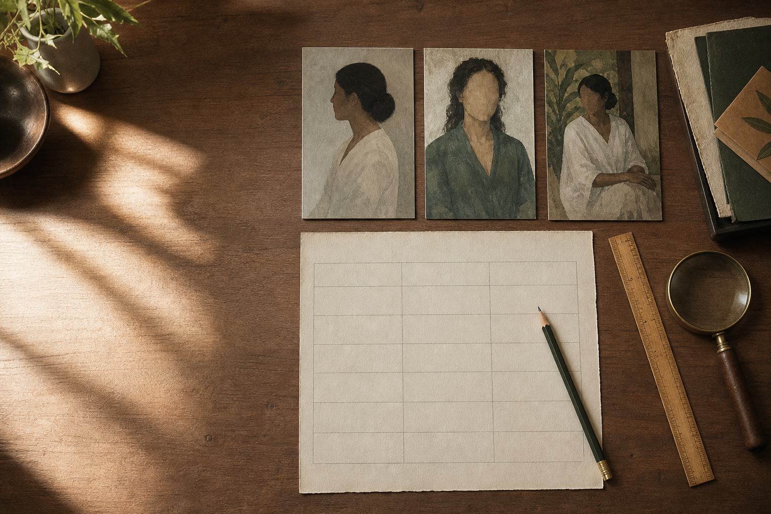Três retratos não identificados e uma matriz em branco organizados lado a lado sobre uma mesa de estudo para comparação visual.