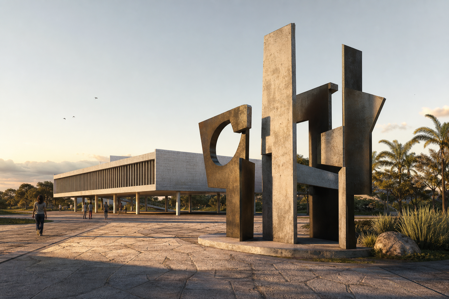 Escultura pública abstrata em uma praça brasileira diante de arquitetura modernista, vista com caminhos que sugerem diferentes pontos de análise espacial.