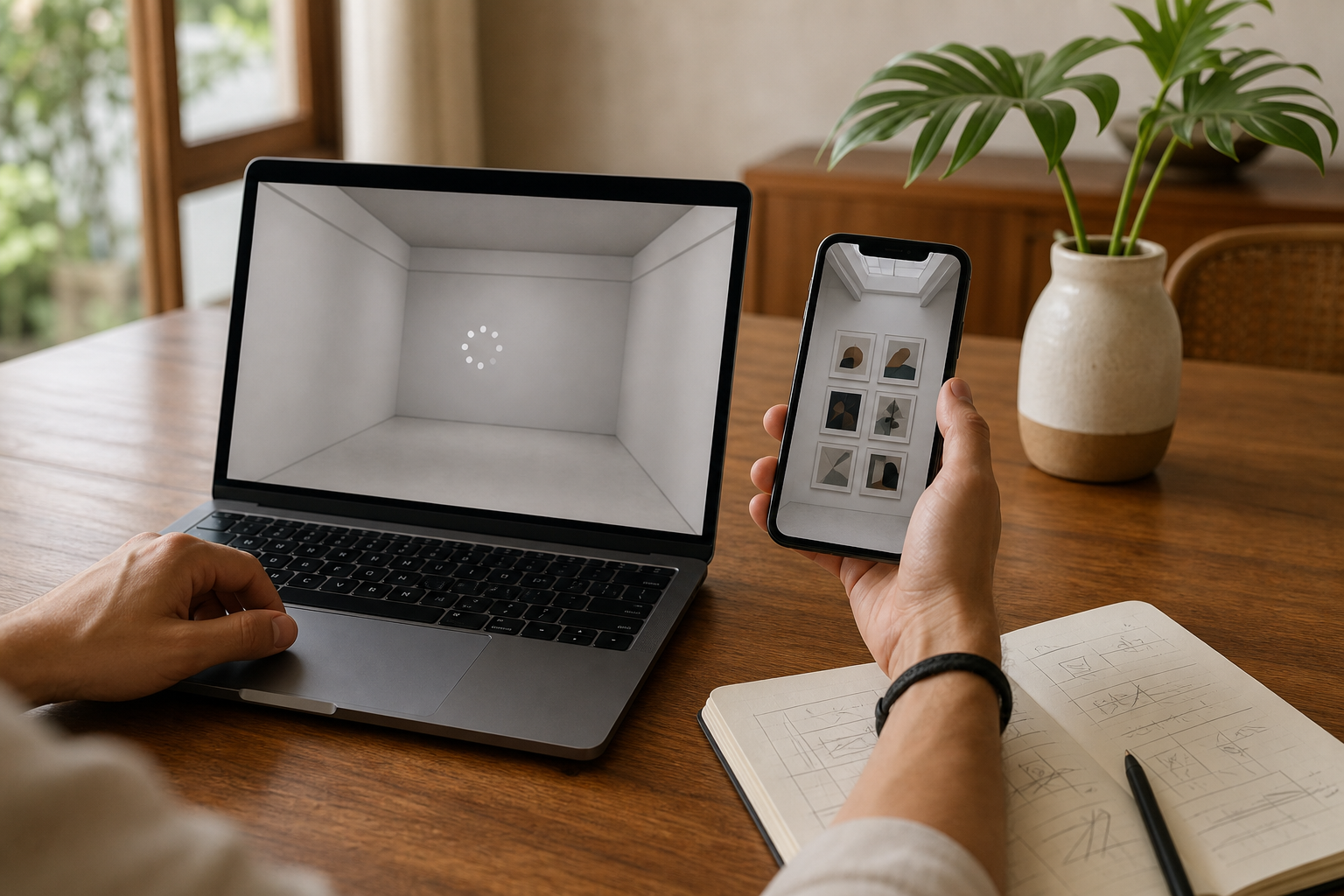 Pessoa compara um museu virtual em um notebook e um celular enquanto anota etapas de diagnóstico em uma mesa.