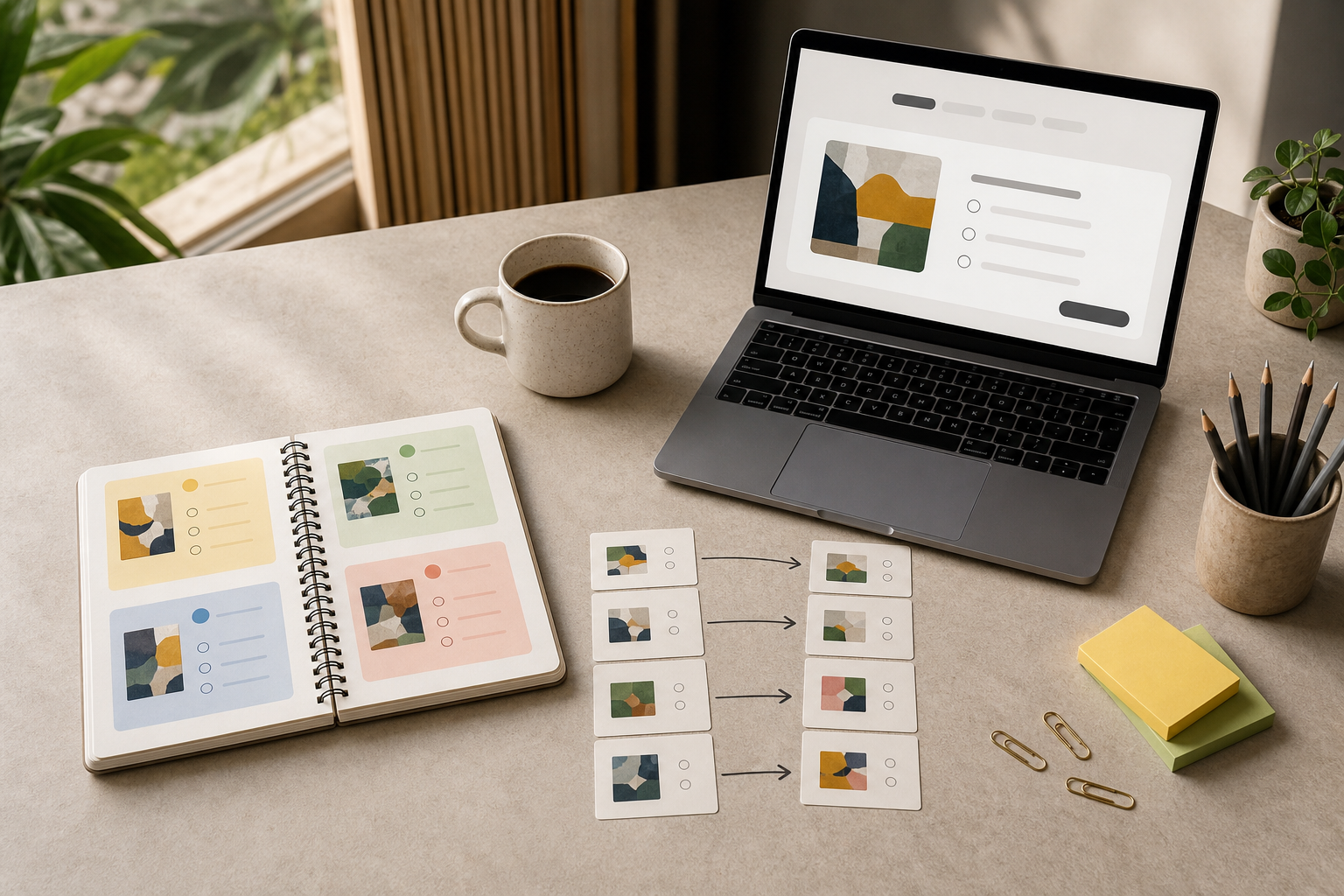 Notebook com quiz de arte e caderno organizado em categorias de erro e duas rodadas de revisão sobre uma mesa de estudo.