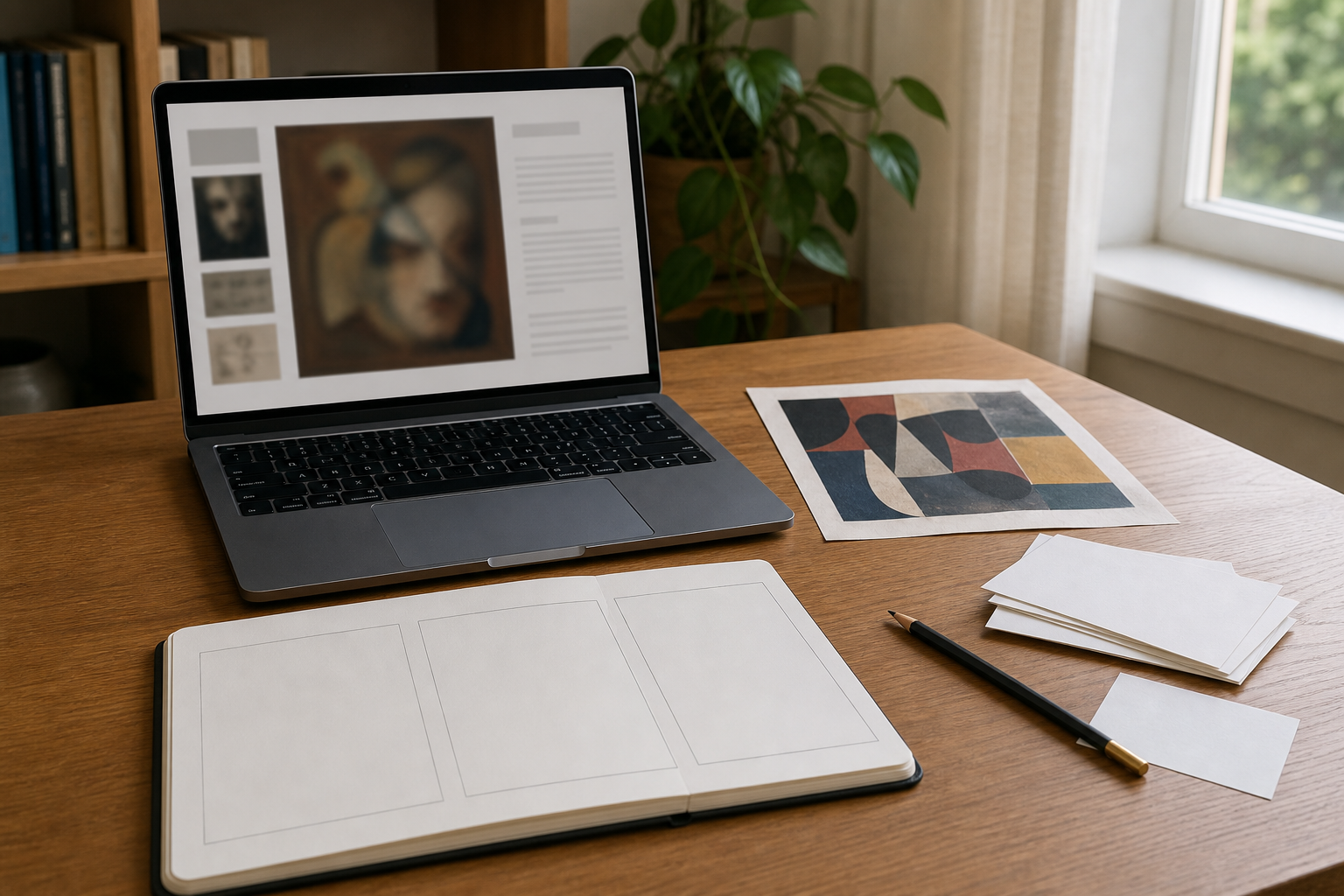Notebook com ficha de obra virtual genérica e caderno de verificação organizado em captura, confirmação e lacunas sobre uma mesa de estudo.