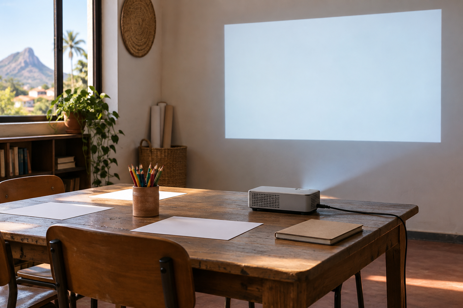 Projetor iluminando uma parede vazia em sala de aula simples, com papéis e lápis de cor sobre a mesa.