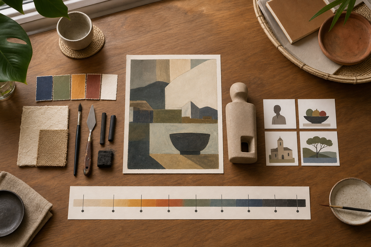 Mesa de análise de arte com referência de pintura, forma escultórica e três conjuntos visuais para separar técnica, tema e período.