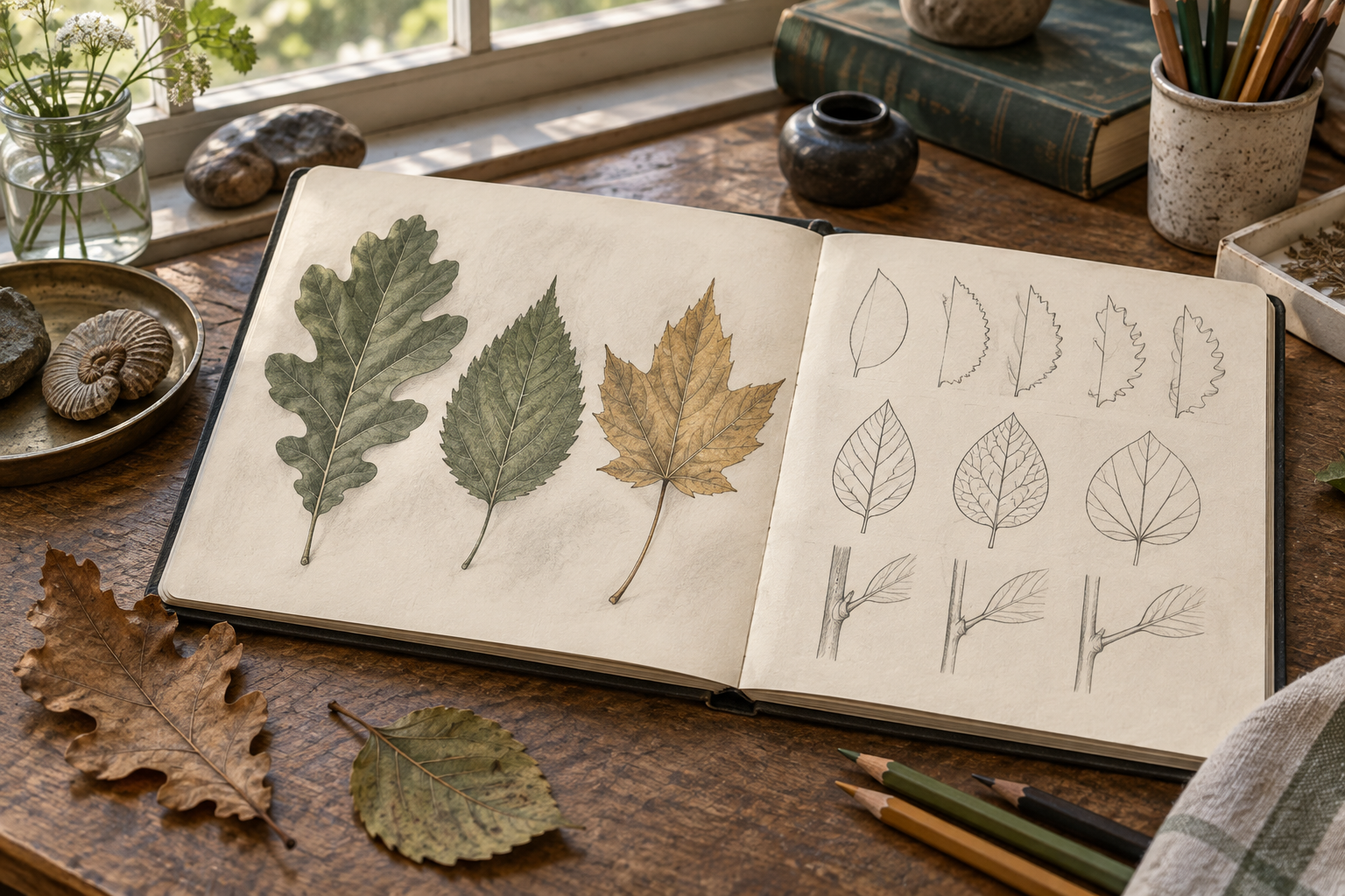 Página de caderno de campo com folhas desenhadas e esquemas de forma, sem nomes de espécies.